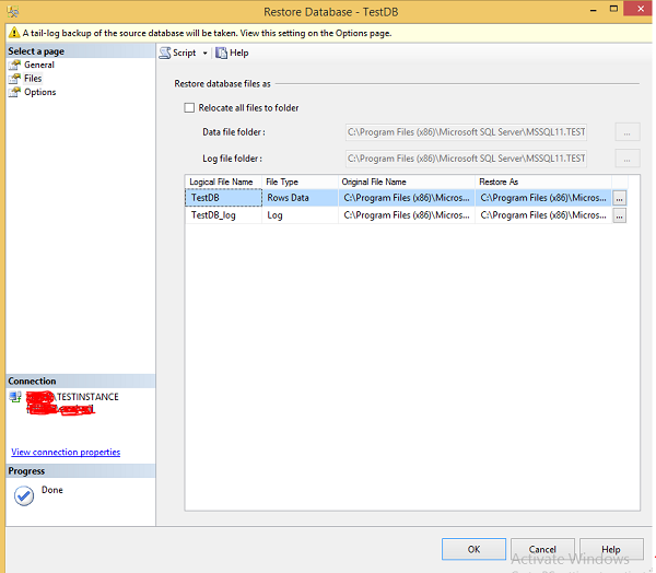 Restore Database TestDB